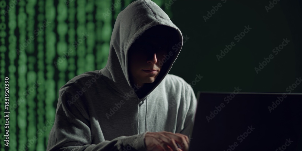 Fototapeta premium Hooded male hacker typing on laptop in dark room with green code background