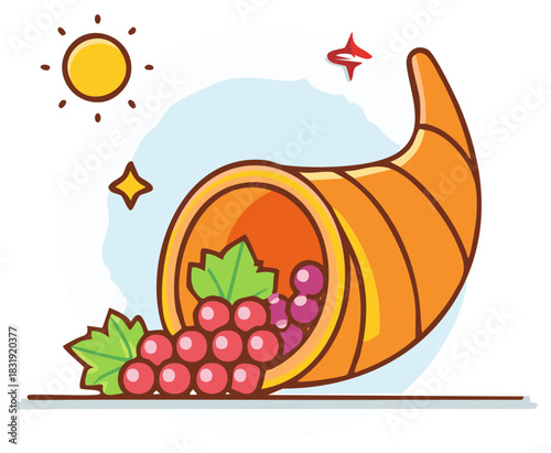 Cartoon Cornucopia with Grapes, Festive Harvest Illustration, Thanksgiving Element, Colorful Graphic