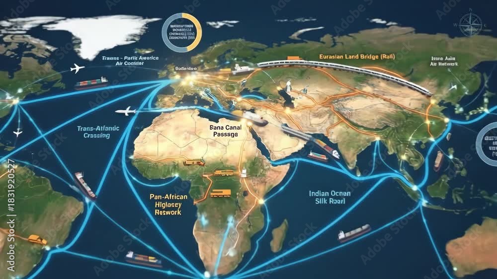 Video „World map visualizing key global trade routes and their ...