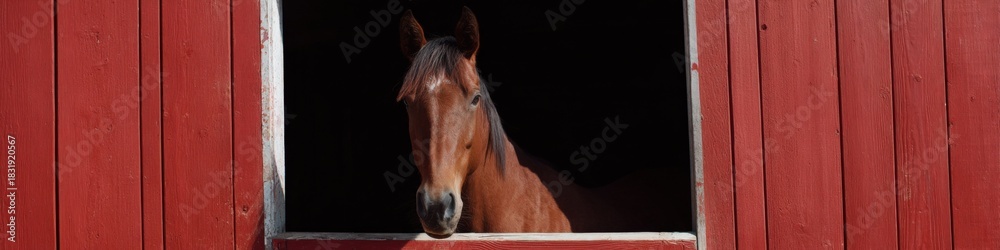 Obraz premium Chestnut horse peeking through red barn window on sunny day