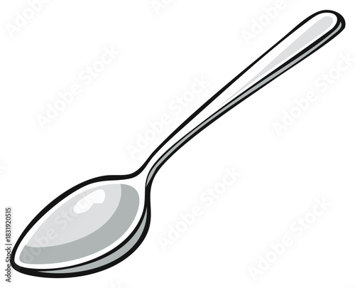 Simple illustration of a shiny metal spoon with a long handle on a white background