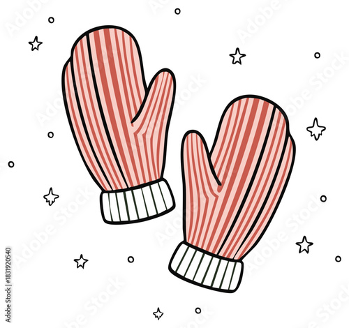 Cozy pair of red striped winter mittens with stars, hand drawn doodle illustration