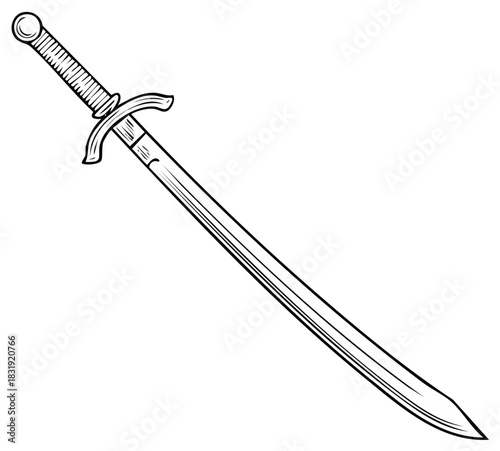 Black and White Drawing of a Medieval Sword with a Single Edge Blade and Decorative Hilt