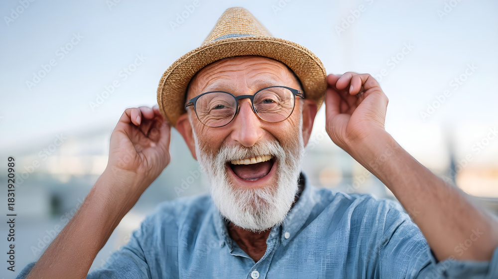 Fototapeta premium Senior man smiling wearing hat and glasses looking at camera
