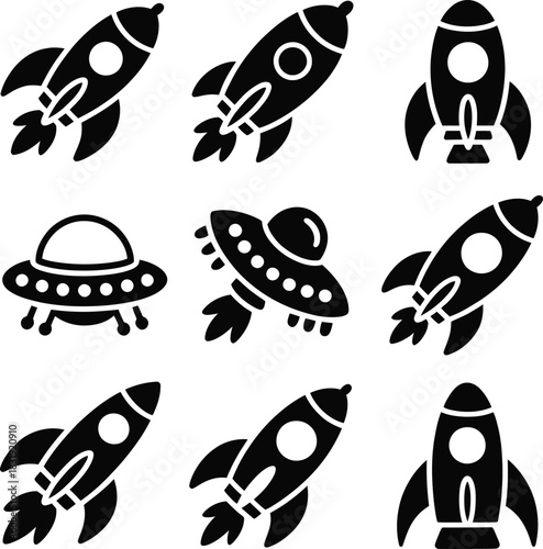 Black rocket and U F O icons collection spaceship alien