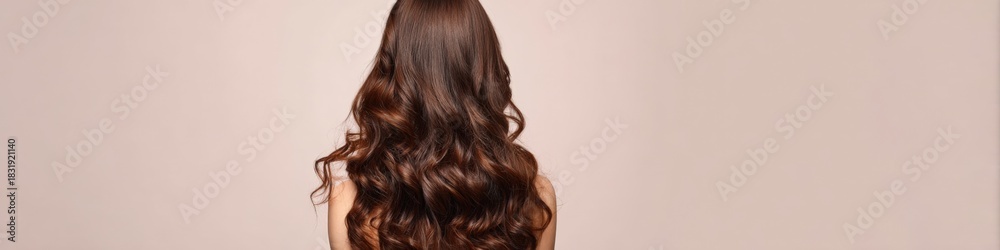 Naklejka premium Young caucasian female with long wavy brown hair from rear view