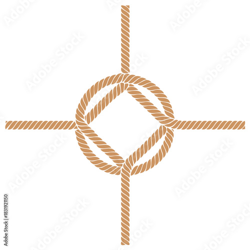 Circular rope knot vector illustration with a square center. Symmetrical nautical knot design for connection and unity.