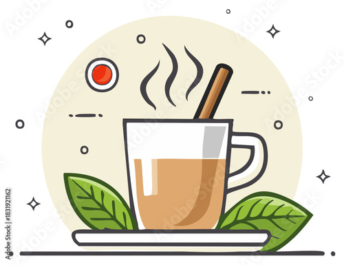 Steaming hot spiced tea beverage with cinnamon stick and refreshing green leaves