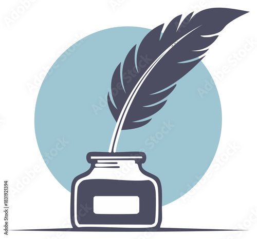 Quill Pen and Inkwell Graphic Illustration on Blue Circle