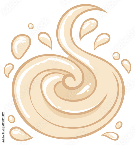 Creamy swirl with splashing droplets in a smooth flowing motion and glossy highlights