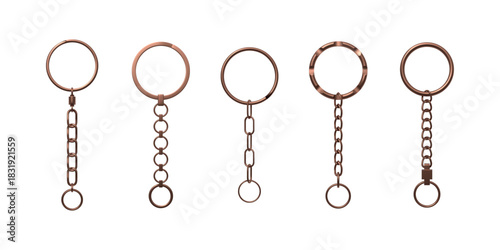 A realistic set of metal rings with a chain for keychains, various shapes, copper or bronze colors.