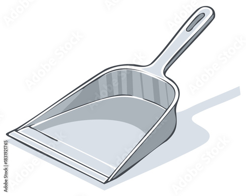 Dustpan illustration with handle and hollow container for collecting dust and dirt on a neutral background. Household cleaning tool.