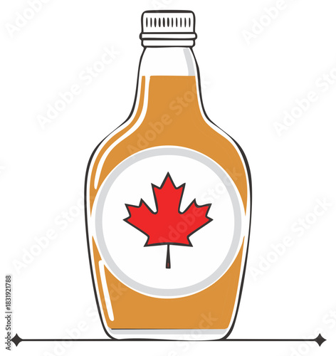 Bottle of maple syrup with a maple leaf emblem represents natural sweetener and Canadian culture