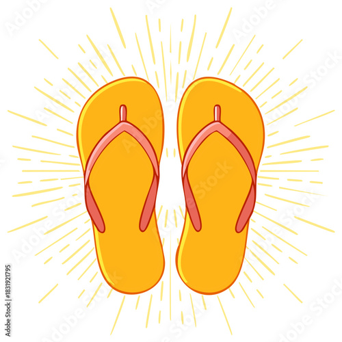 Vibrant yellow flip-flops with pink straps against a sunny background, cheerful summer footwear illustration.