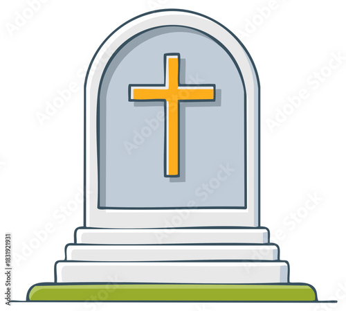 Cartoon Stone Grave Marker with Religious Cross Symbol, Tombstone Icon Illustration