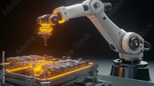 Industrial Robotic Arm Assembling Complex Electronic Components with Orange Glow Keywords: robotic arm, industrial robot, automation