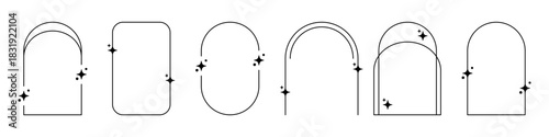 Minimalist line art frames, various rounded arch shapes embellished with small star or sparkle icons