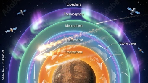 Earth's atmosphere shown in layered cutaway: troposphere with clouds, stratosphere and ozone, mesosphere, thermosphere with auroras, and exosphere with satellites monitoring it