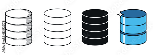 Database server storage icon set in four different styles including sketch, line art, glyph, and color versions