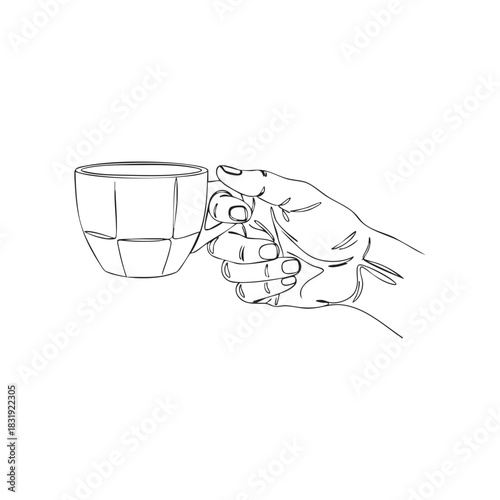 Tea cup in hand vector line art illustration