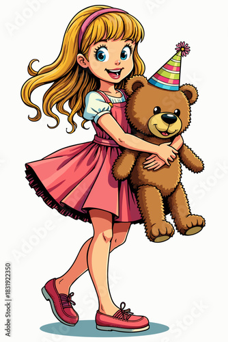 Birthday girl happily holding teddy bear while wearing a party hat and dress