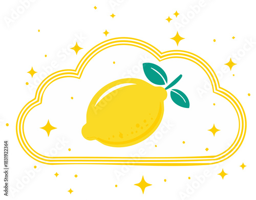Vibrant yellow lemon with green leaves inside a whimsical yellow outlined cloud surrounded by sparkling stars