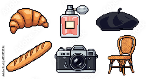 Collection of six pixelated French-themed objects including a croissant, perfume, beret, baguette, vintage camera, and bistro chair, created in a retro 8-bit style isolated on white