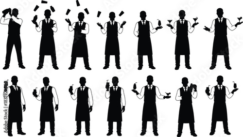 Bartender silhouette illustration, cocktail shaking, bottle juggling, drink serving, bar staff poses, mixology action, professional bartender art, nightlife concept