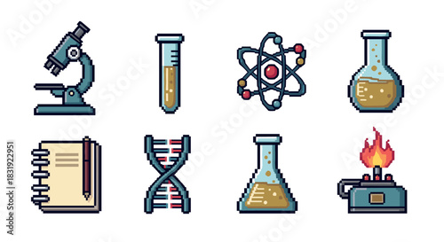 Set of pixel art science icons featuring a microscope, test tube, atom, flask, DNA, and burner in a retro 8-bit video game style,