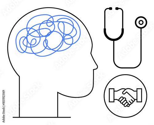 Mental health concept. Mental health through brain illustration, healthcare by stethoscope, and support expressed in handshake. For psychology, medical care, counseling, partnerships, teamwork