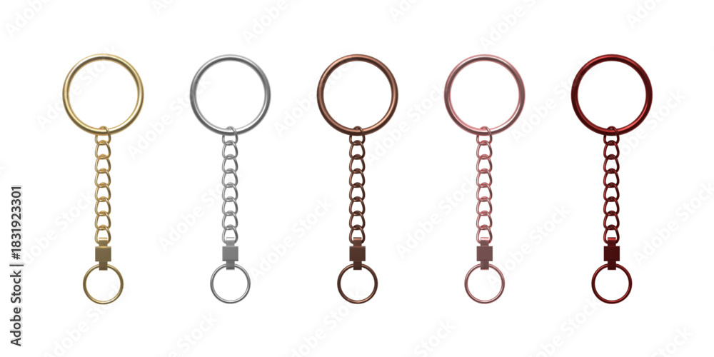 Naklejka premium A set of identical metal rings with chains in gold, silver, copper, and bronze, keychain fittings.