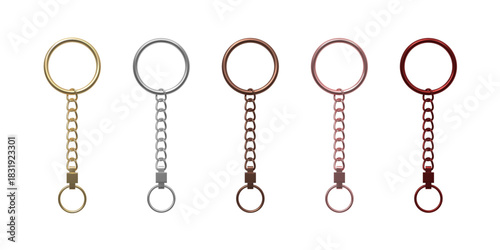 A set of identical metal rings with chains in gold, silver, copper, and bronze, keychain fittings.
