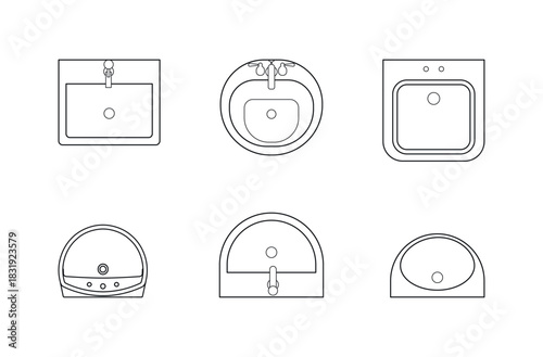 CAD drawings. View from above. Set of ceramic sinks, bathroom sinks. For the design of buildings and structures