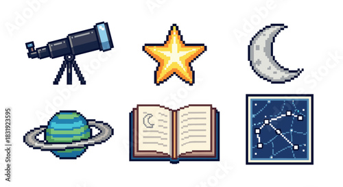 Set of pixel art astronomy icons featuring a telescope, star, moon, planet, book, and constellation map in a classic 8-bit video game style,