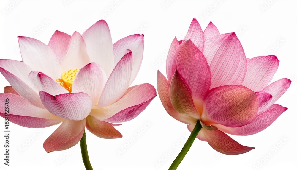 Fototapeta premium Two Beautiful Pink Lotus Flowers on White Background Symbol of Purity and Enlightenment