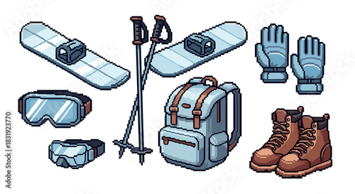 Pixel art set of winter sports equipment with snowboards, boots, goggles, and a backpack in a retro 8-bit video game style