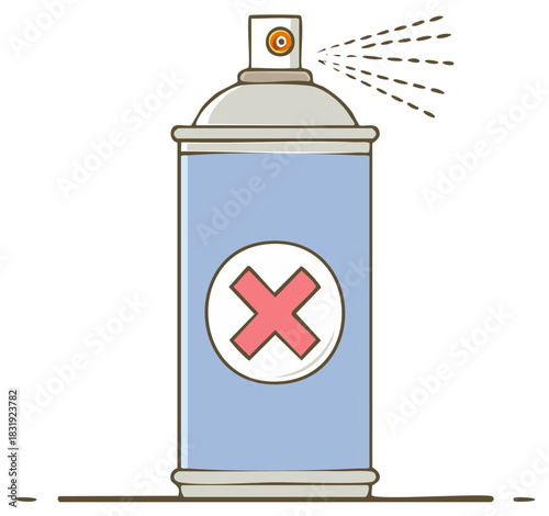 Cartoon illustration of an aerosol spray can with a red cross mark spraying