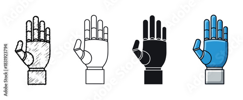 Four robotic hand illustrations in different styles including sketch, line art, silhouette, and a blue colored version, presented as an icon set