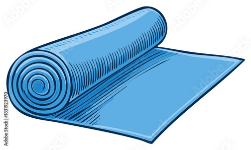 Rolled-up blue yoga mat in hand drawn illustration style. Sport, fitness and exercise concept