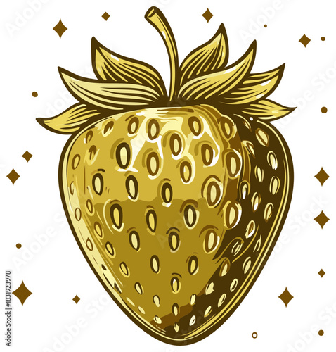 Lustrous golden strawberry fruit with stylized details shining against a pristine white backdrop, inviting freshness and richness.