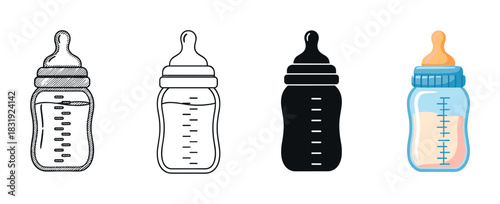 Set of four baby feeding bottles in different artistic styles including sketch, outline, silhouette, and full color cartoon, each with measurement markings,