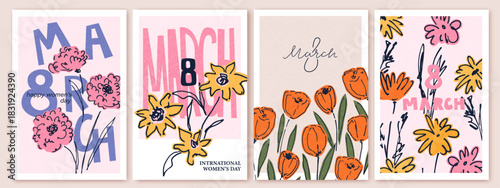 Spring flowers bouquets. 8 March, women's day, mother's day holiday cards set. Birthday card. Bright colorful hand drawn flowers, tulip, daisies, peonies 