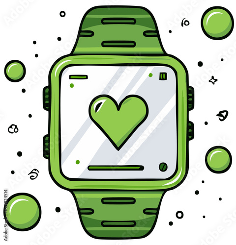 Green smartwatch with a heart icon displaying health monitoring information