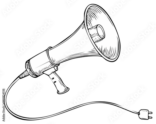 Hand Drawn Megaphone With Power Cord Black And White Illustration