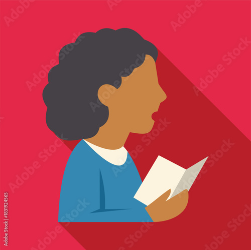 Woman reading a book out loud, speaking words, with a red background