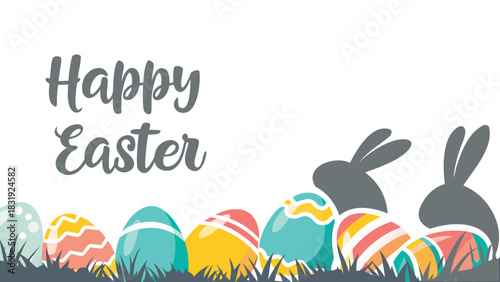Happy easter greeting with colorful decorated eggs and silhouettes of bunnies in grass against a white background