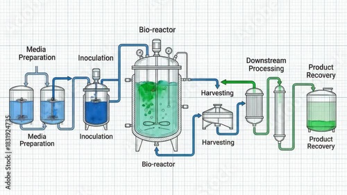 Bioreactor diagram illustrating the complete biotechnological process from media preparation and inoculation to fermentation, harvesting, downstream processing, and final product recovery