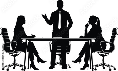 Business meeting silhouette, office discussion scene, professional collaboration, corporate presentation moment, black vector graphic, workplace communication illustrationBusiness meeting 