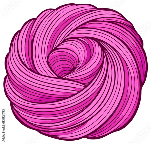 Round vibrant pink yarn ball illustration with swirling lines and abstract dynamic pattern design