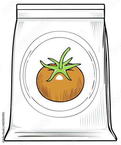Seed packet illustration featuring a ripe tomato graphic for gardening and planting